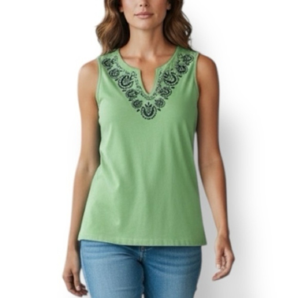 4/$20 Jaclyn Smith Green Embroidered V-Neck Sleeveless Tunic Top Medium